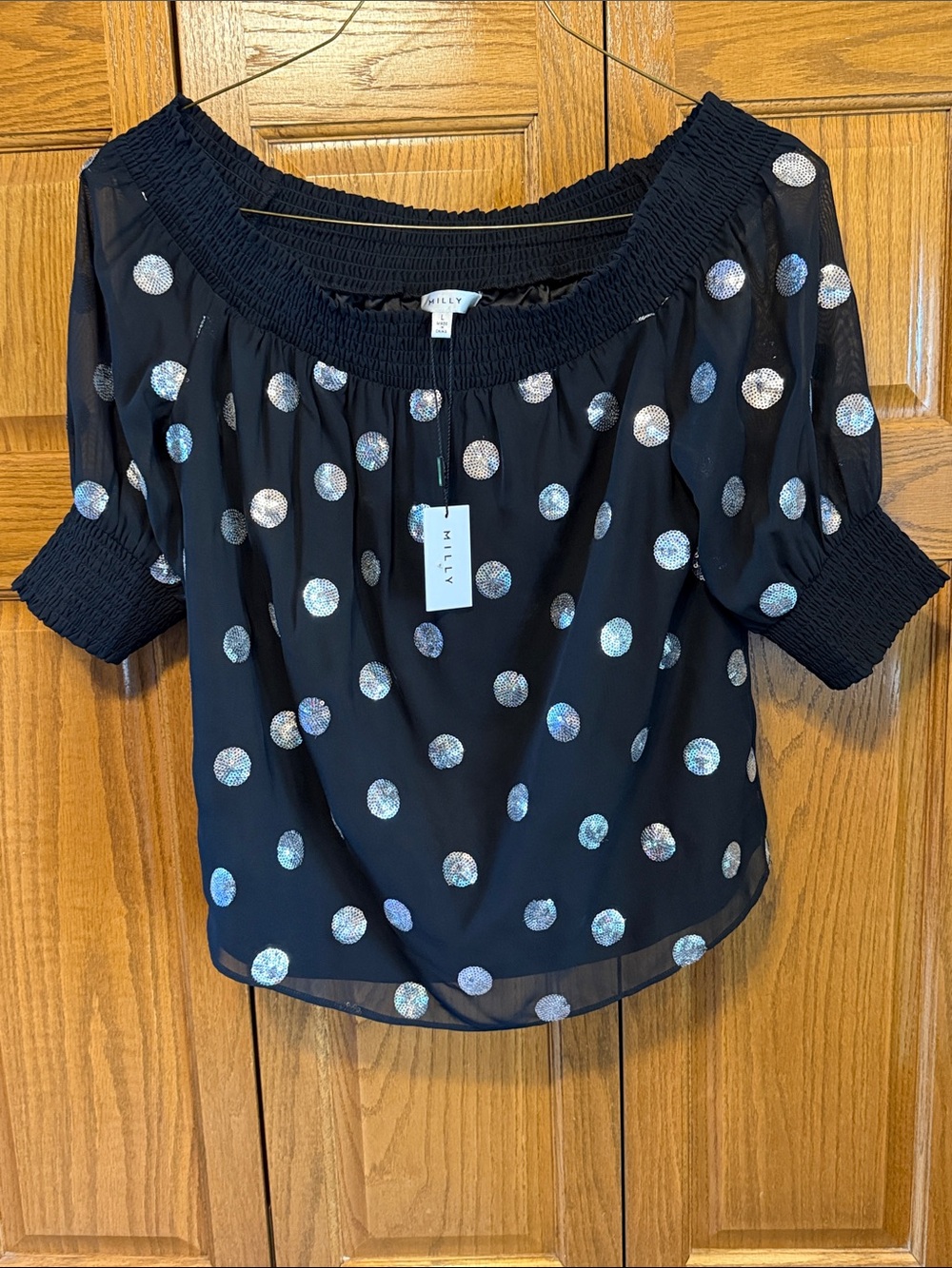 Milly Black Off-the-Shoulder Blouse with Silver Sequin Dot Accents- Large- NWT